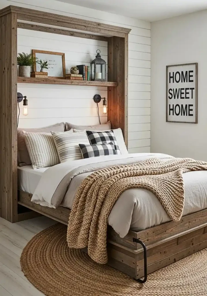 Farmhouse style Murphy bed with rustic wood and cozy decor