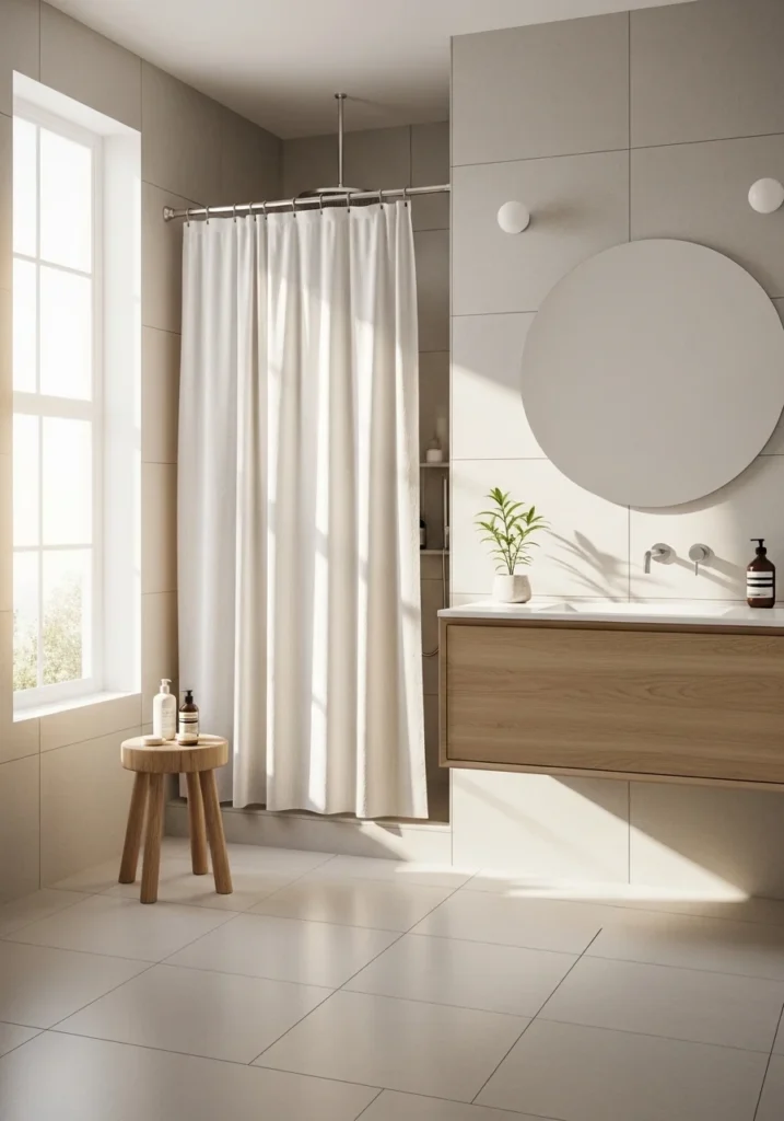 Soft white linen bathroom curtain creating a clean and airy spa-like look