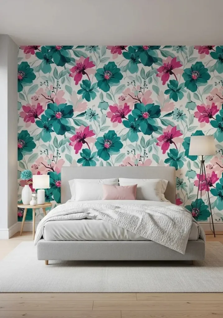 Bedroom with teal and pink patterned wallpaper feature wall