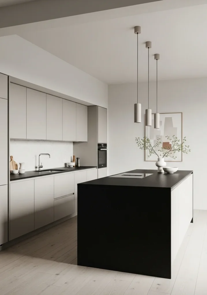 Minimalist kitchen with black countertops and simple decor