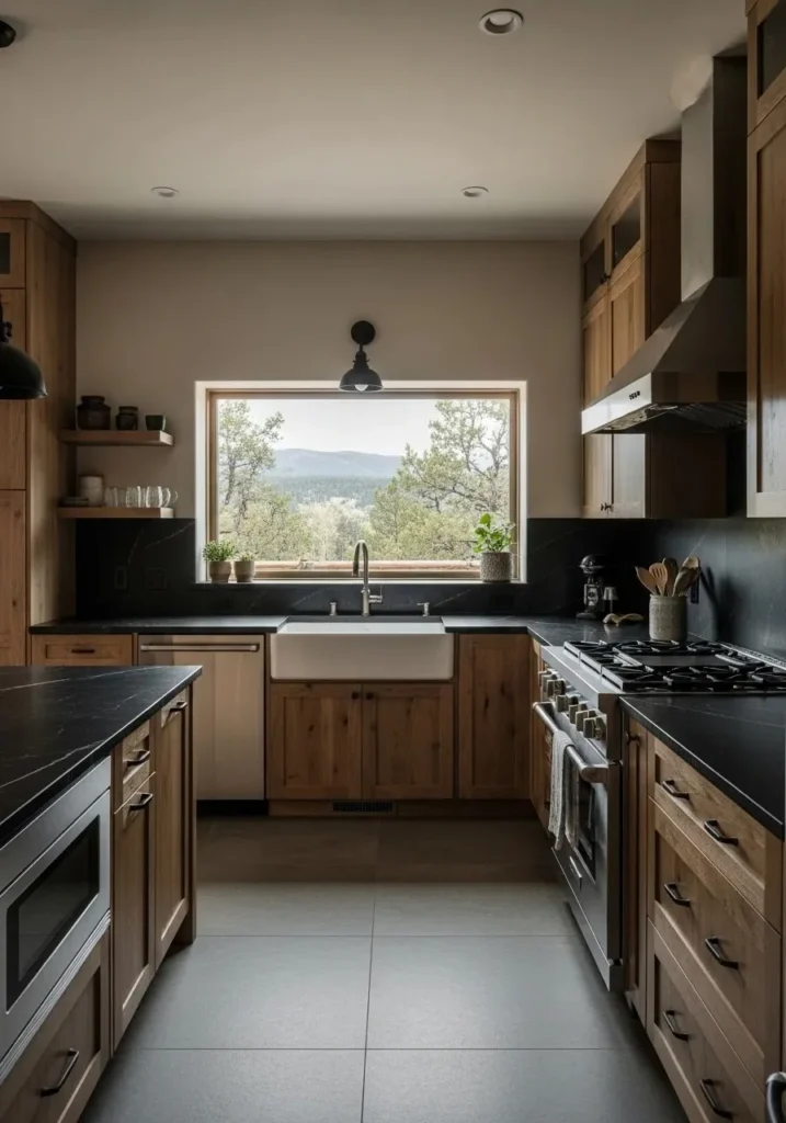 Black countertops with warm wood cabinets for cozy kitchen design