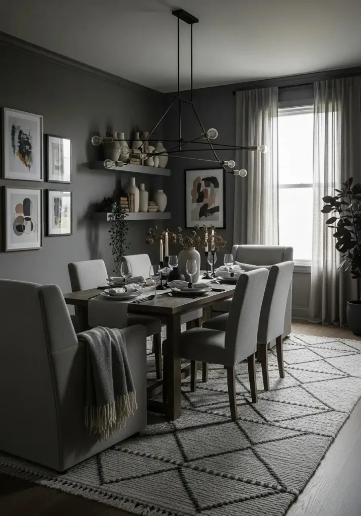 moody dining room with textured rug and layered design