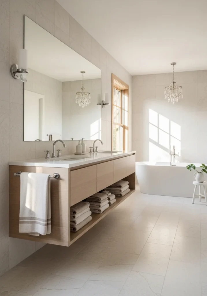 Soft neutral primary bathroom with beige tones, linen textures, and spa-inspired calming decor