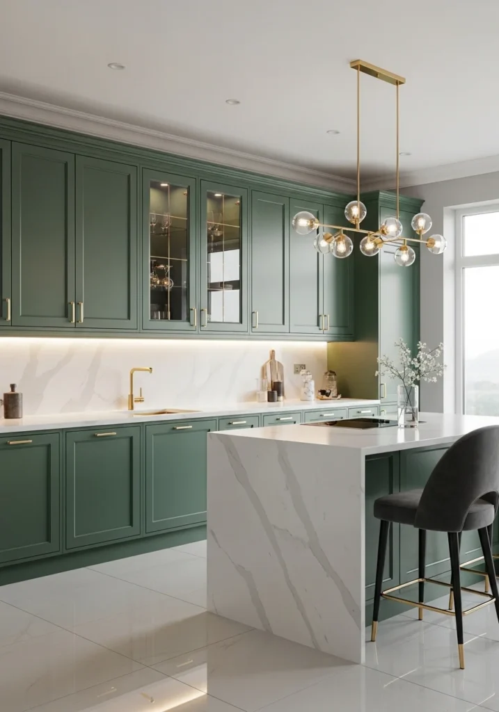 Green kitchen cabinets with gold hardware for elegant look