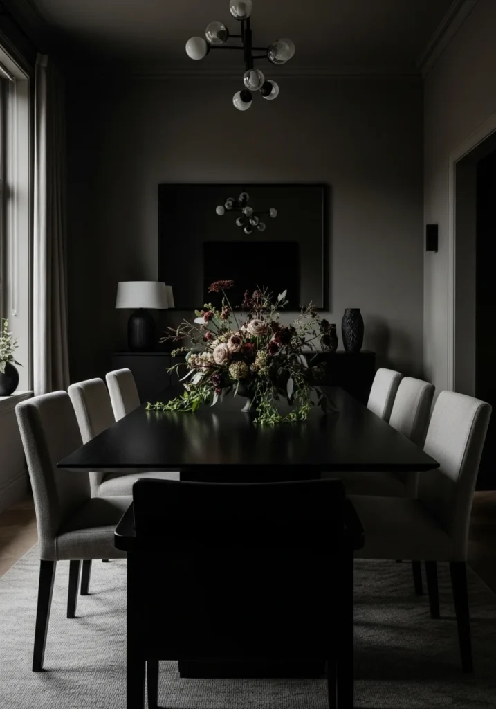 black dining table in moody dining room with soft neutral accents