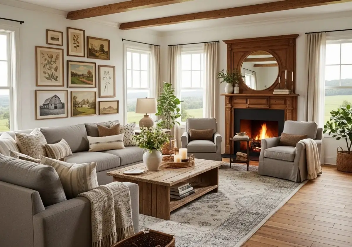 Full view of beautiful farmhouse living room look