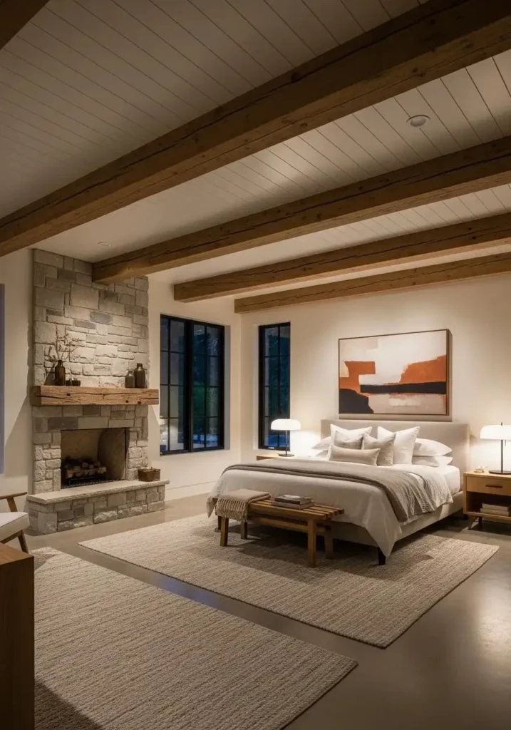 Statement ceiling design adding depth to bedroom