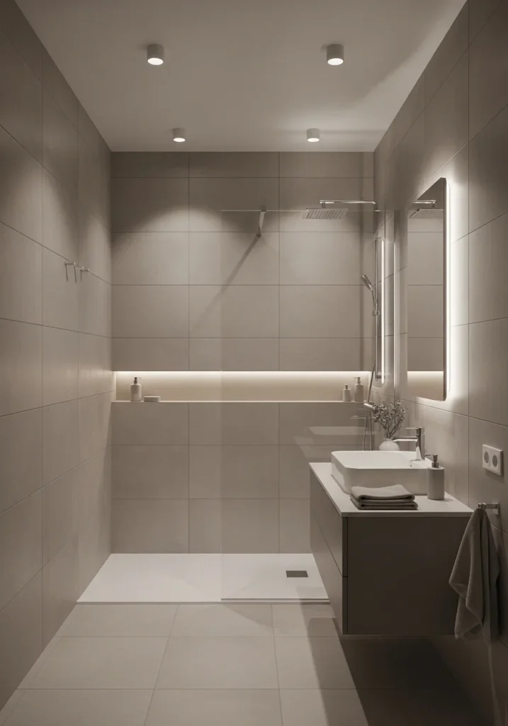 Monochromatic small bathroom design making a walk-in shower space feel larger