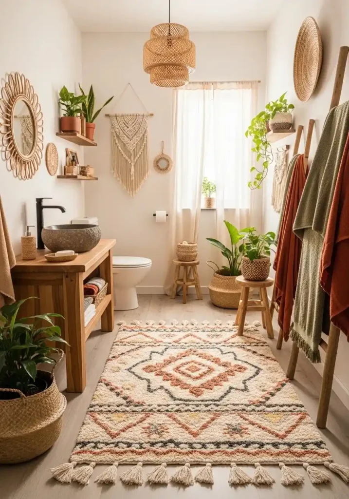 Boho bathroom rug with tassels and natural textures
