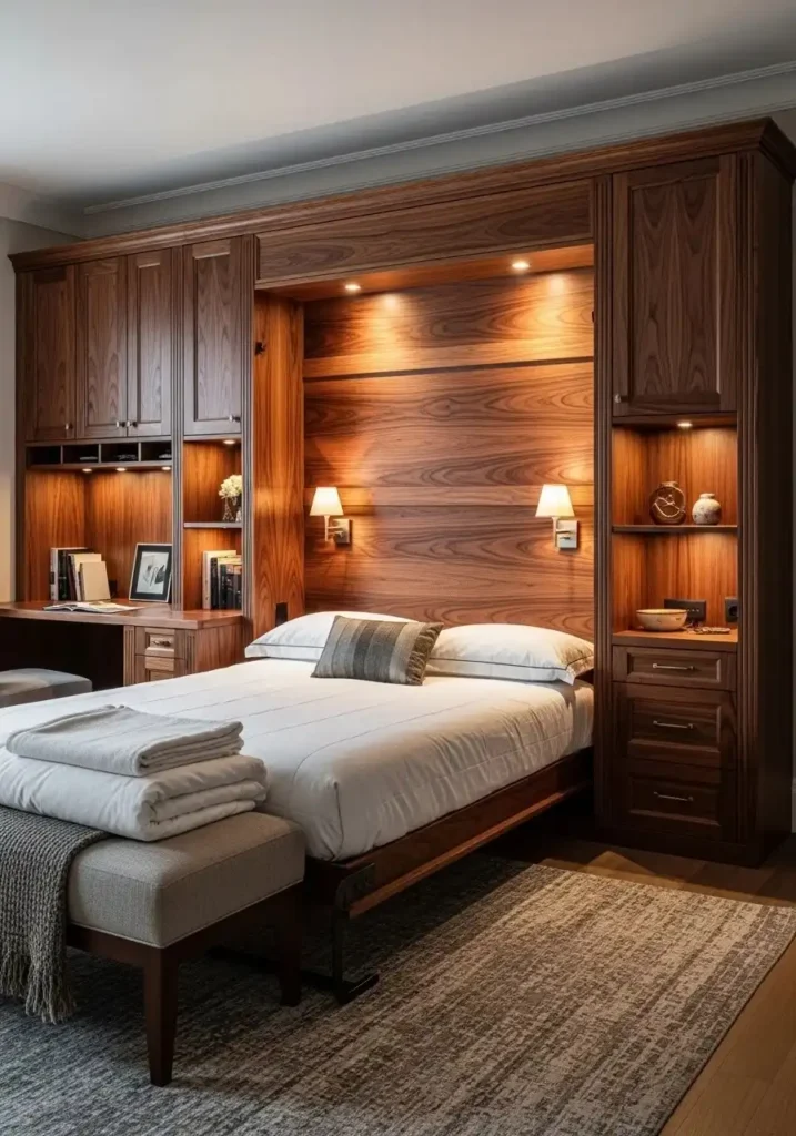 Dark wood Murphy bed creating a bold and elegant bedroom focal point