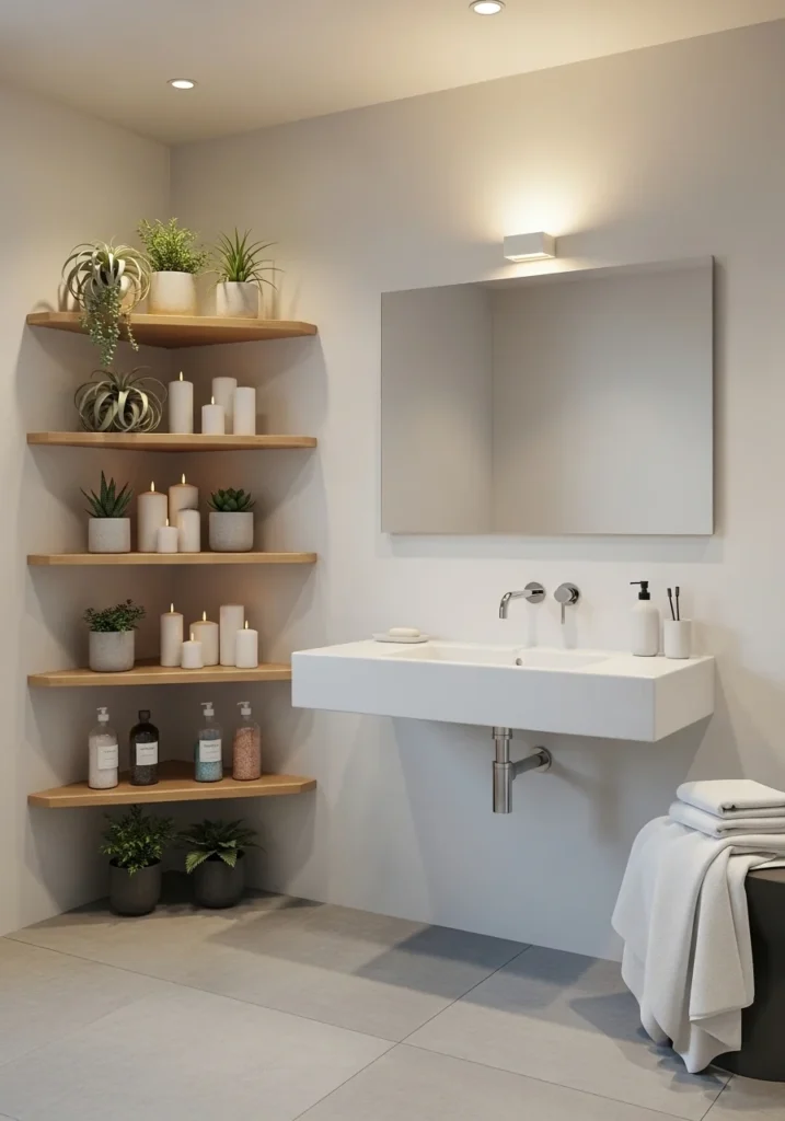 Corner shelves used for storage and decor in a small bathroom.