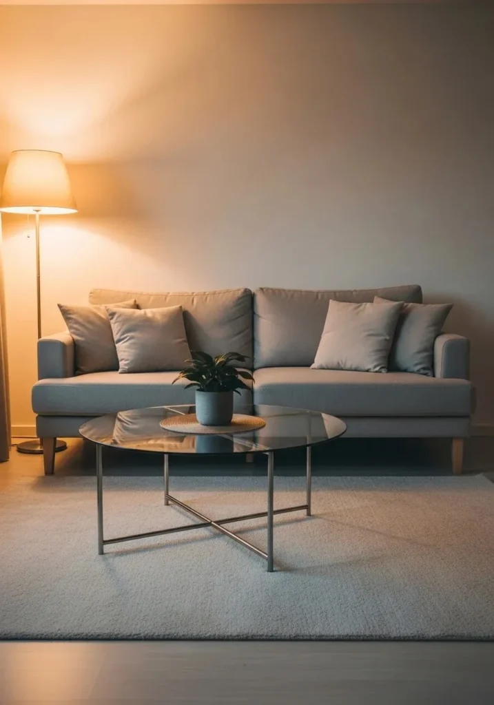 Minimal coffee table in small apartment living room keeping space open and airy