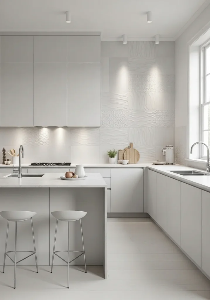 subtle pattern white kitchen backsplash ideas