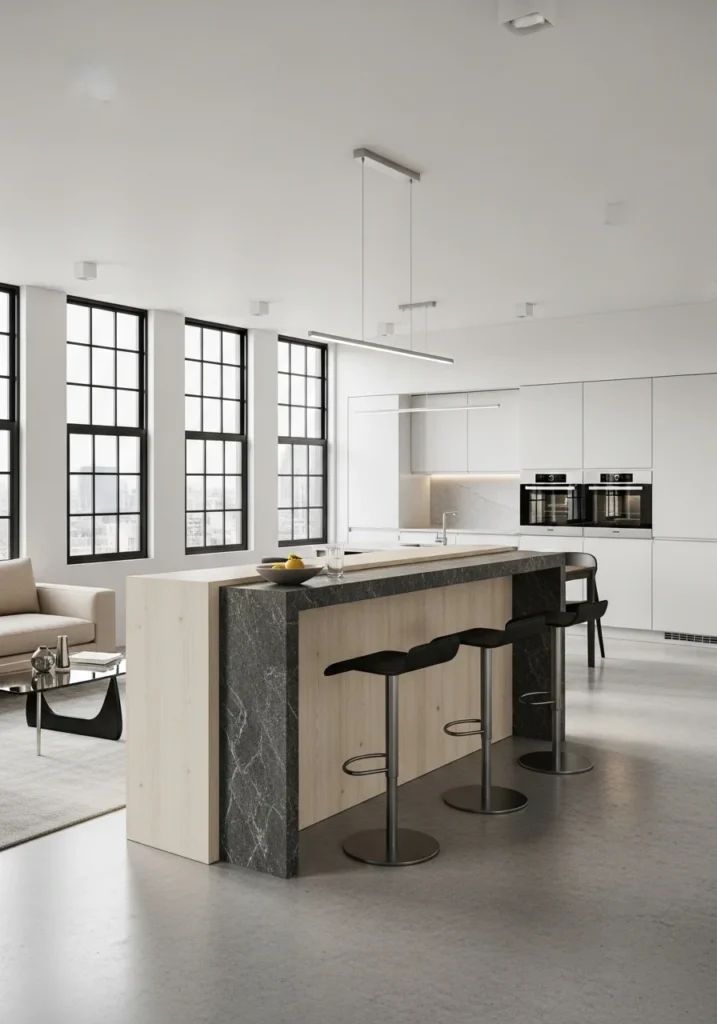 Half wall divider separating living and dining room zones