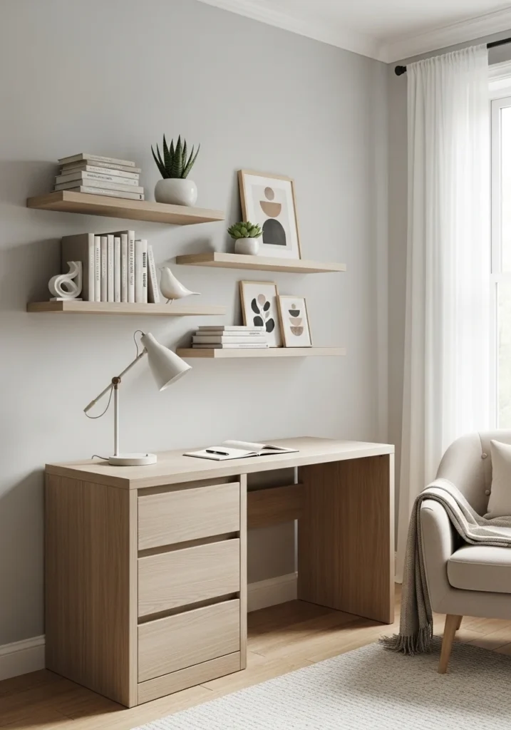 Guest room with wall-mounted shelves for storage and decorative display.