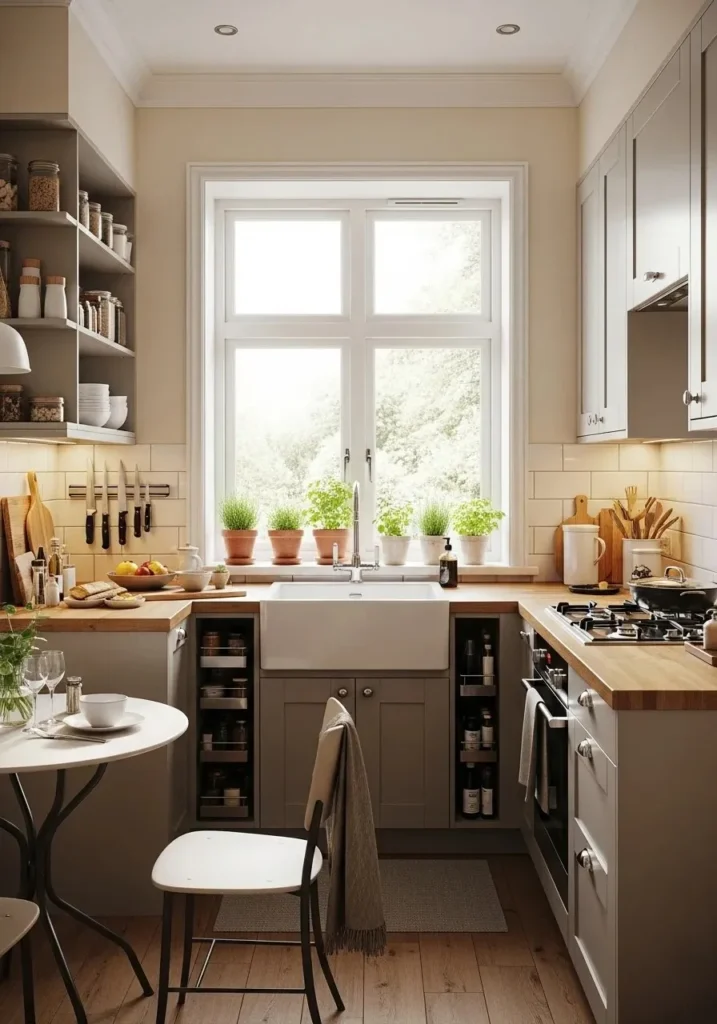 Corner kitchen sink layout maximizing space in small kitchen design