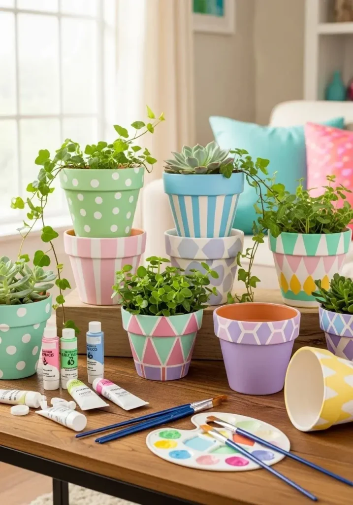 Colorful painted DIY plant pots with creative designs on a table