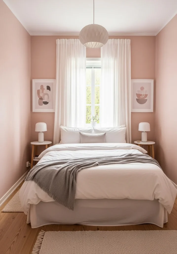 Soft blush pink bedroom walls creating a calm and airy small bedroom design
