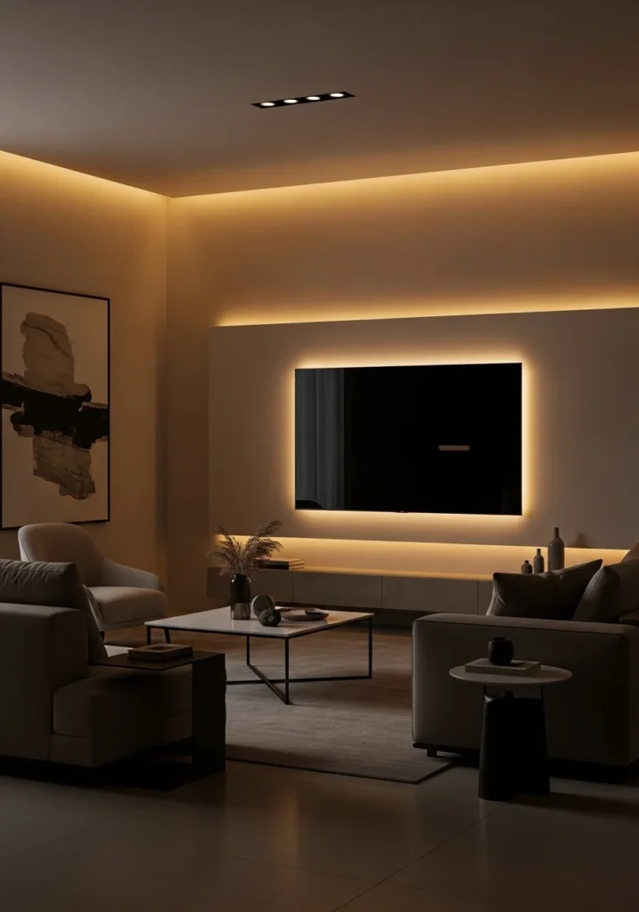 LED backlit TV wall with soft ambient lighting in modern living room