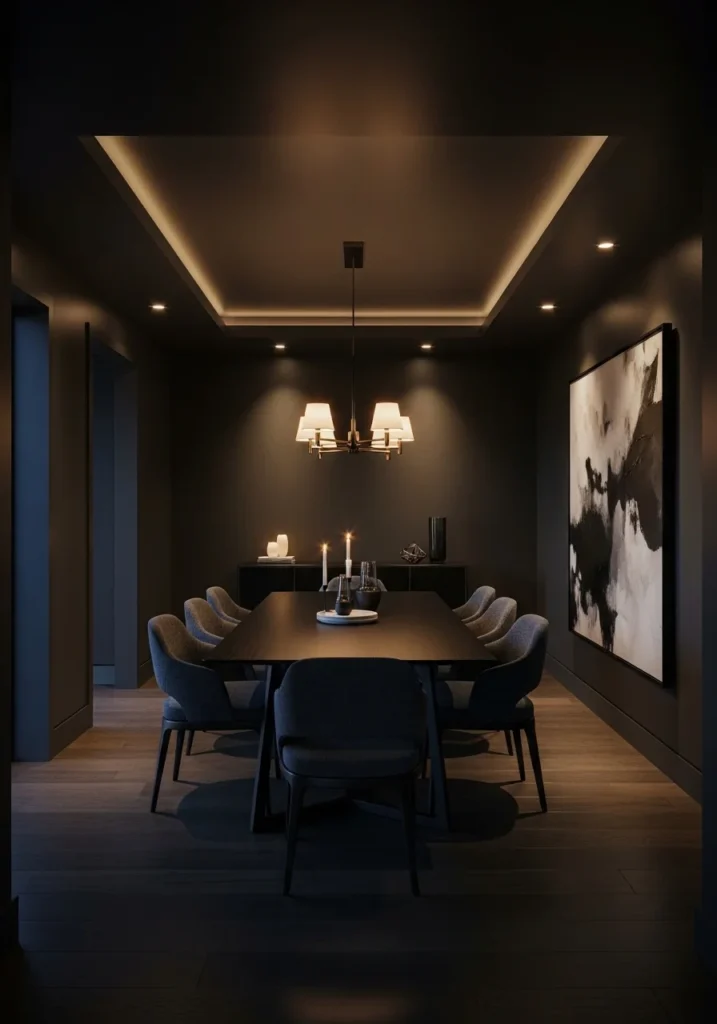 moody dining room with dark ceiling and cozy atmosphere