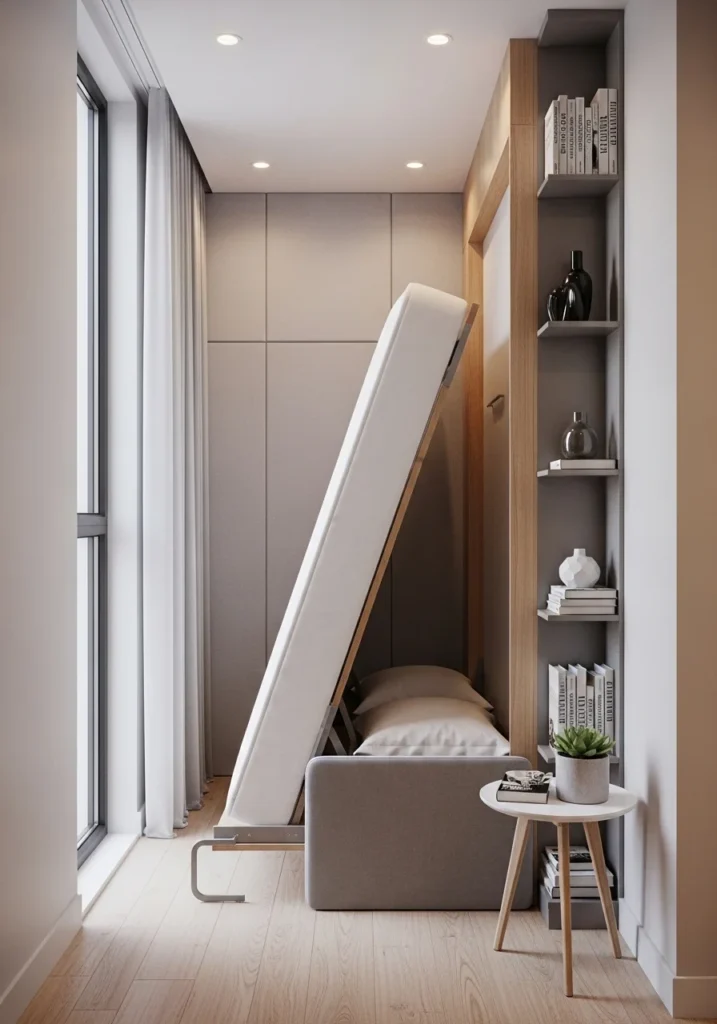 Vertical Murphy bed idea for narrow small rooms