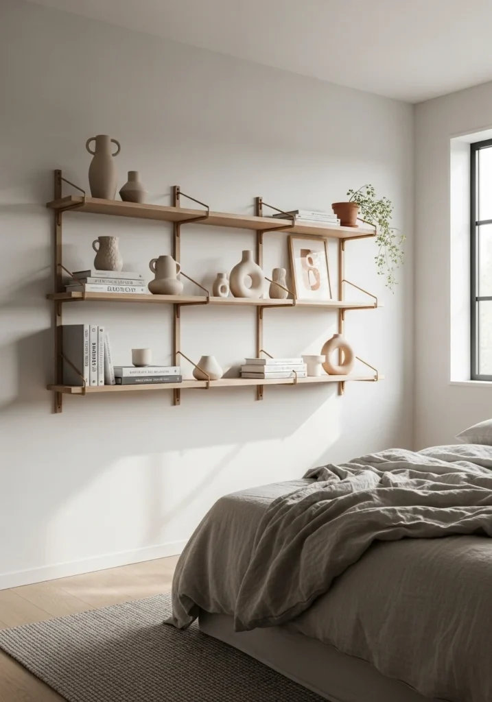 Floating shelves in small bedroom keeping space organized
