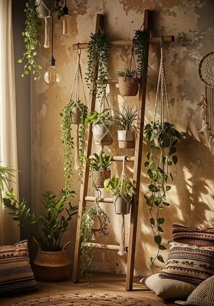 wooden ladder hanging plant display indoor decor idea