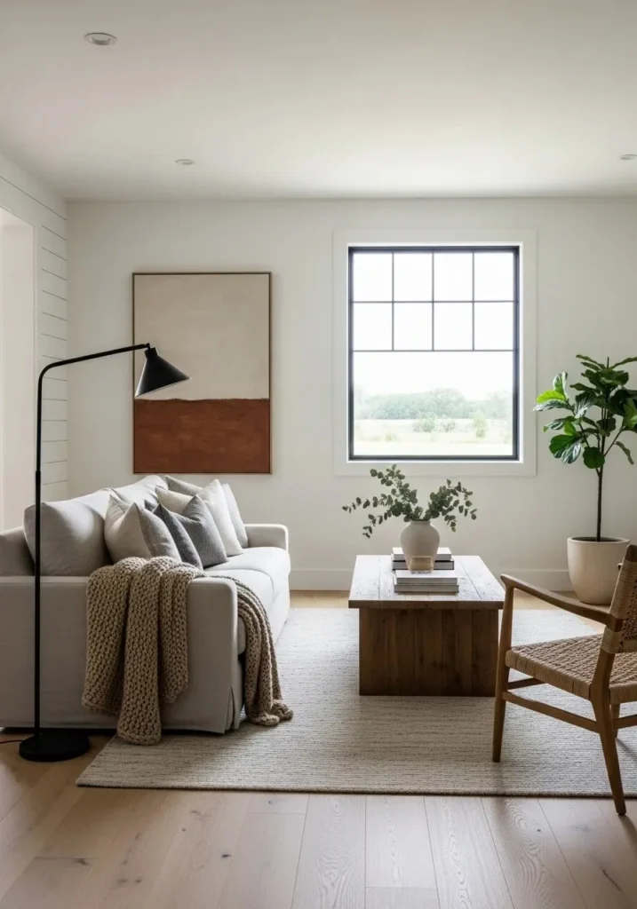 Farmhouse living room with black metal accents and natural wood decor