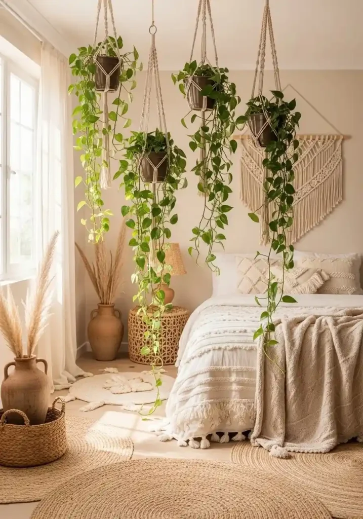 macrame hanging plants indoor ideas in boho bedroom decor