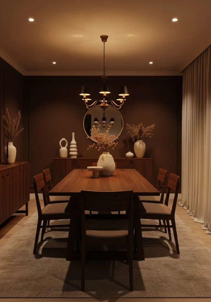 Chocolate brown dining room with warm cozy interior