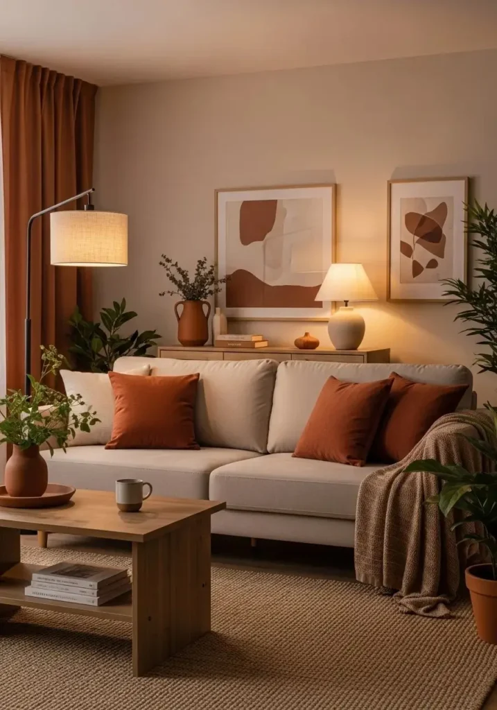 Terracotta and beige living room color combination for warm cozy feel