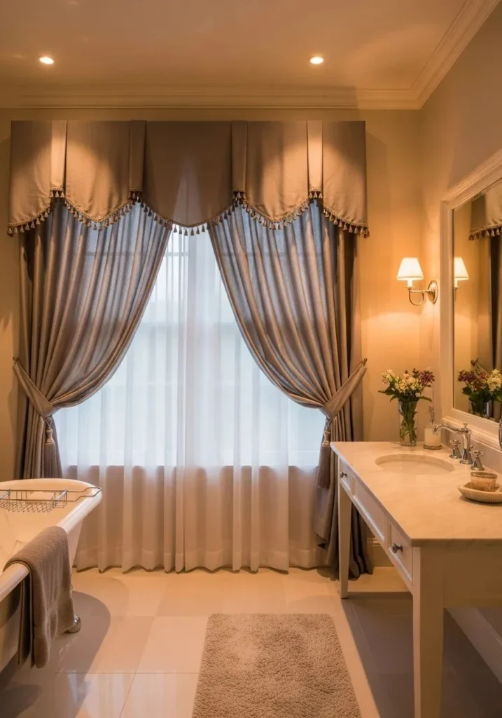 Layered bathroom curtains adding depth and softness to space