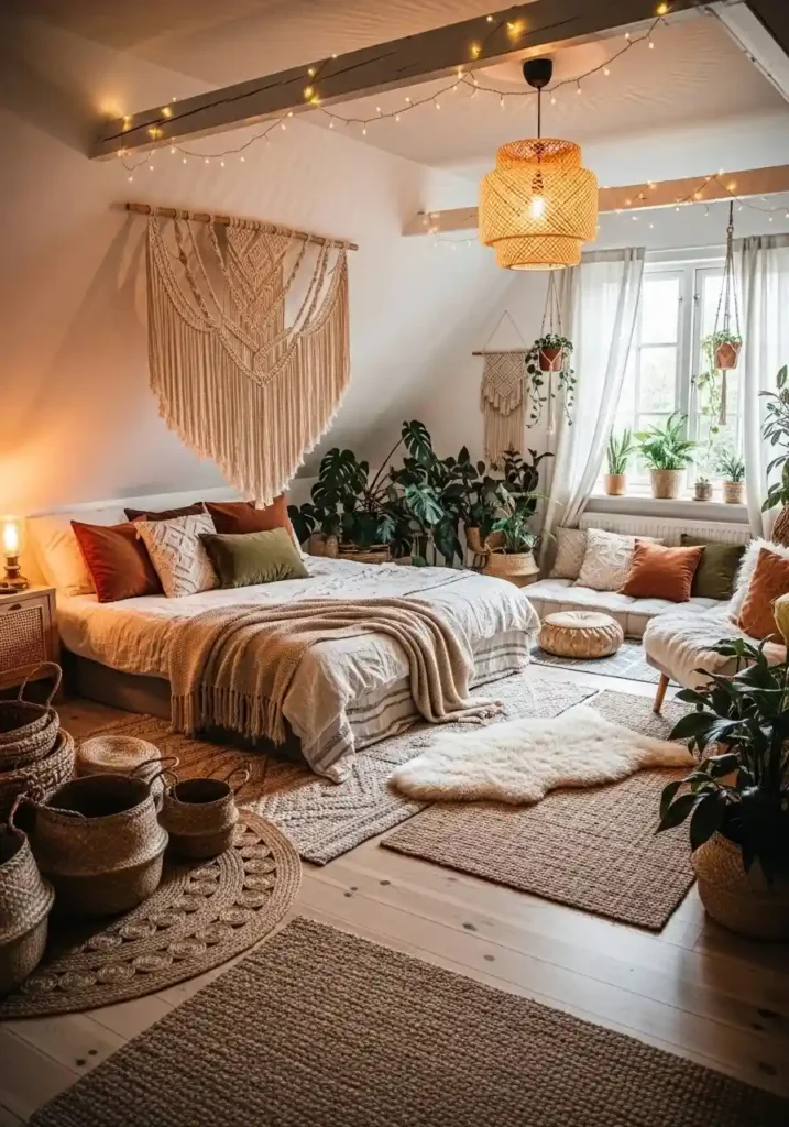 Boho attic bedroom with plants, rugs, and cozy textured decor