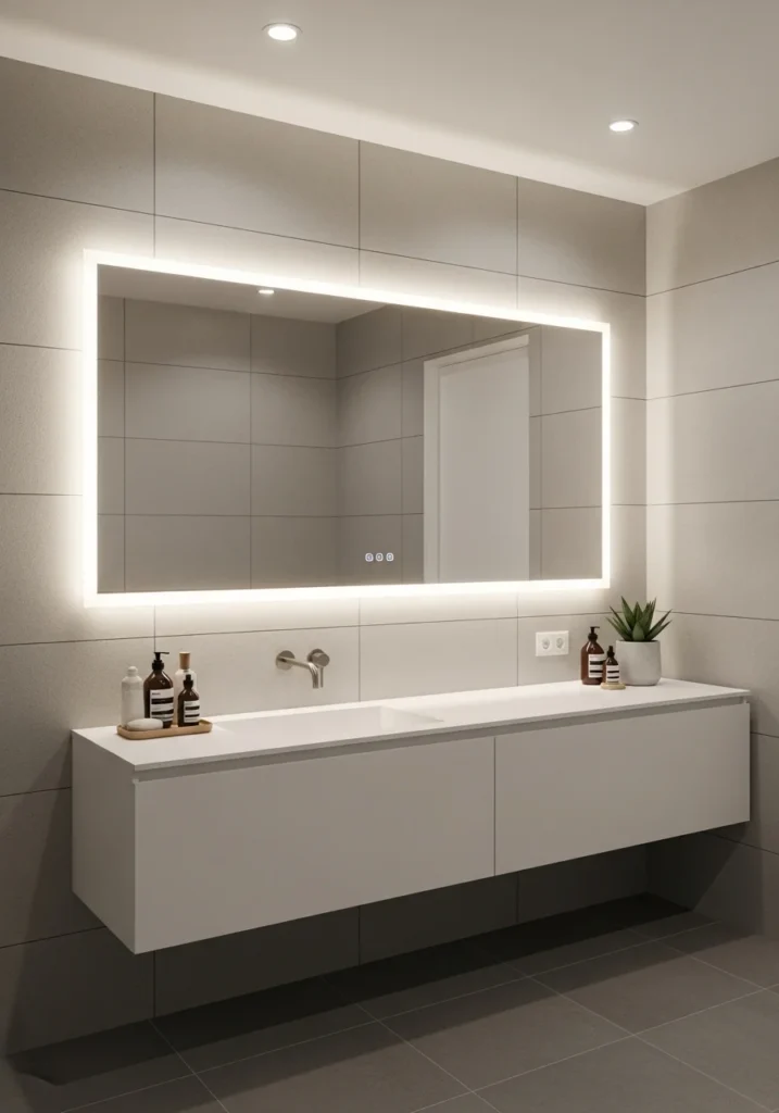 Bathroom LED mirror providing soft even lighting for a modern functional space