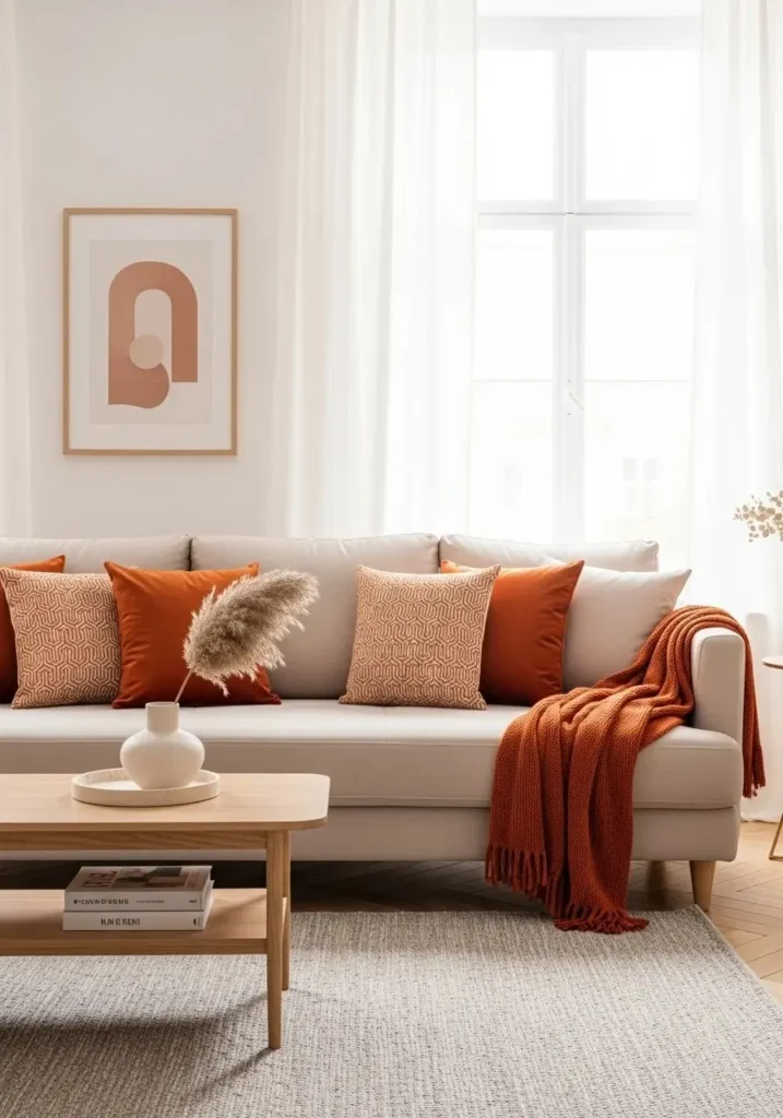Neutral sofa styled with burnt orange accents for a warm balanced look