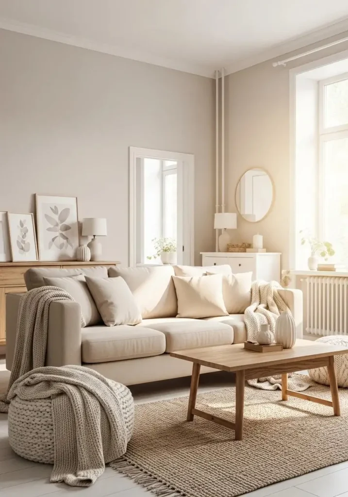Apartment living room with soft neutral colors, beige sofa, and natural sunlight creating a cozy and airy feel.