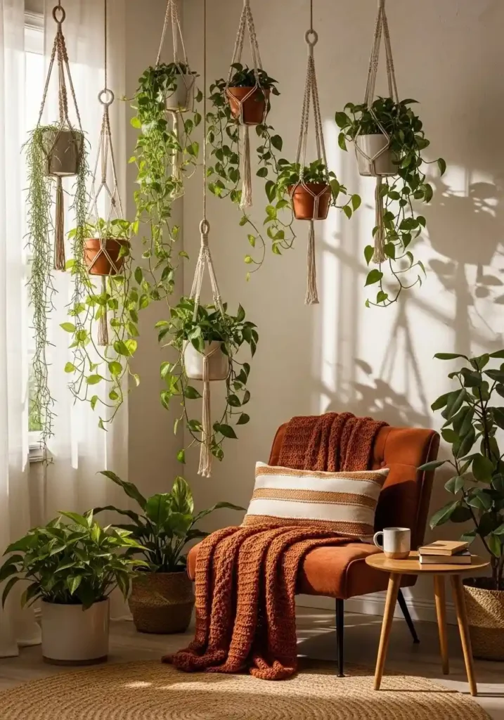 corner hanging plant cluster indoor space styling idea