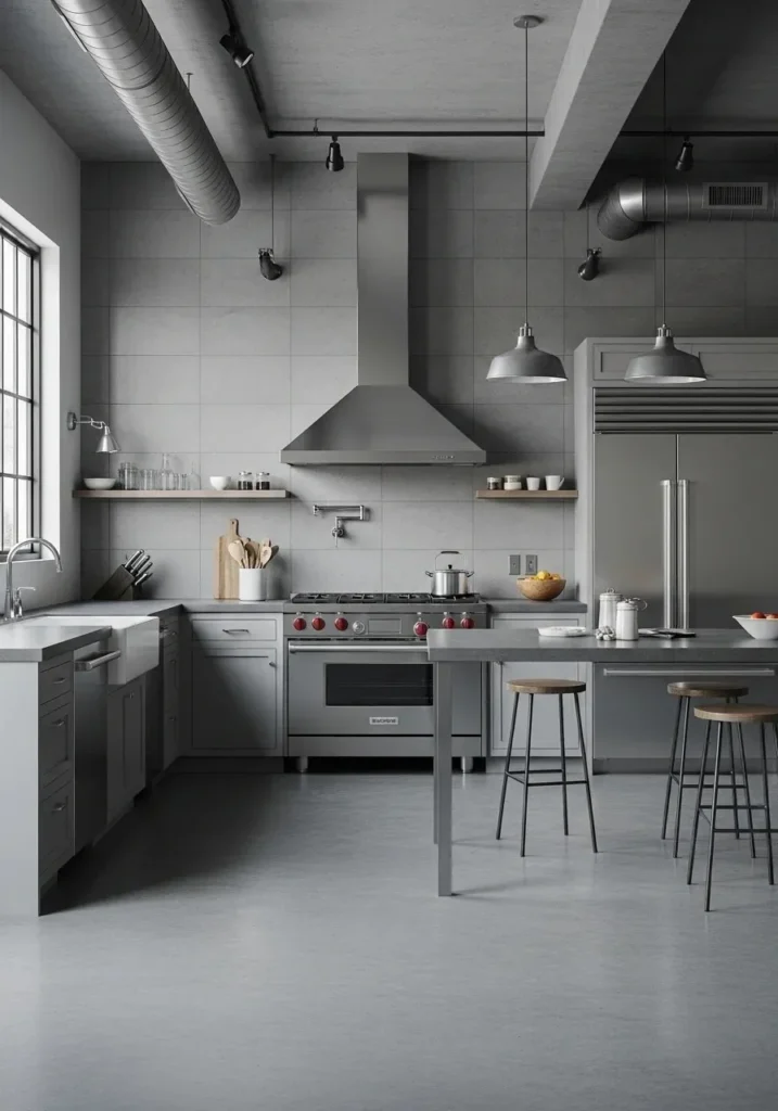 Concrete look tile backsplash for modern industrial kitchen style
