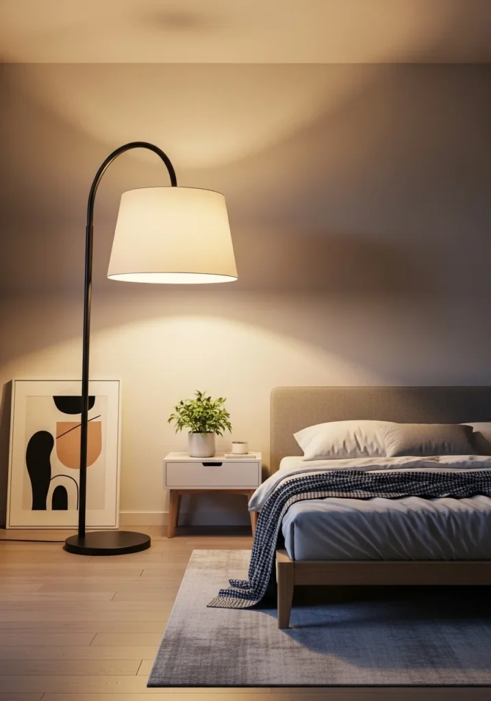 Oversized bedroom lamp creating bold cozy statement