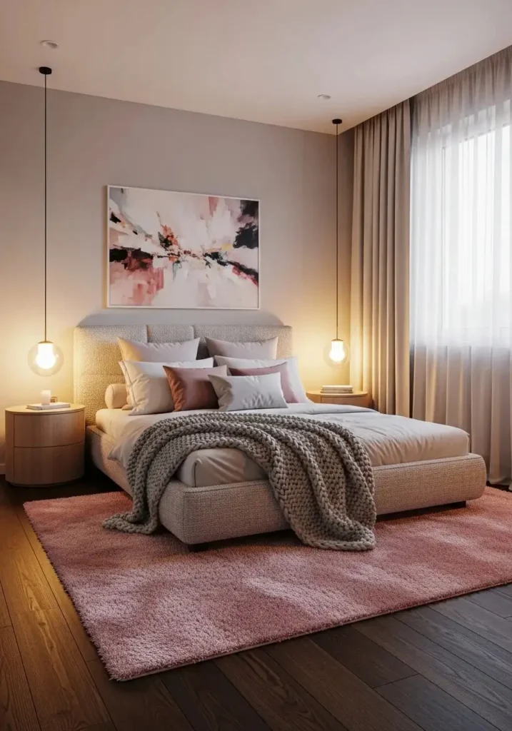 Soft pink rug on dark flooring brightening a modern bedroom