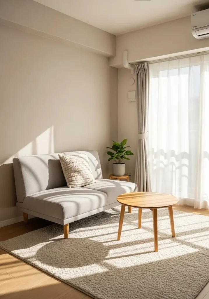 Sheer curtains in apartment living room allowing natural light to brighten the space