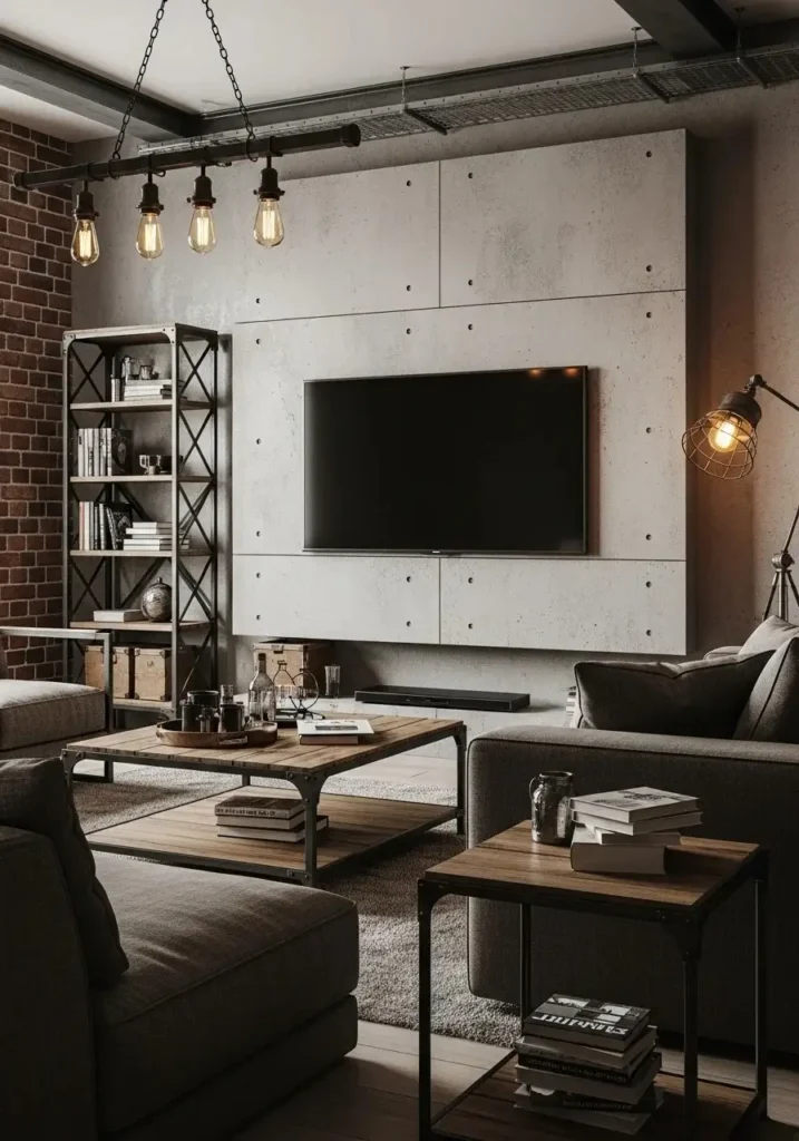 Concrete TV wall in industrial style living room with modern decor