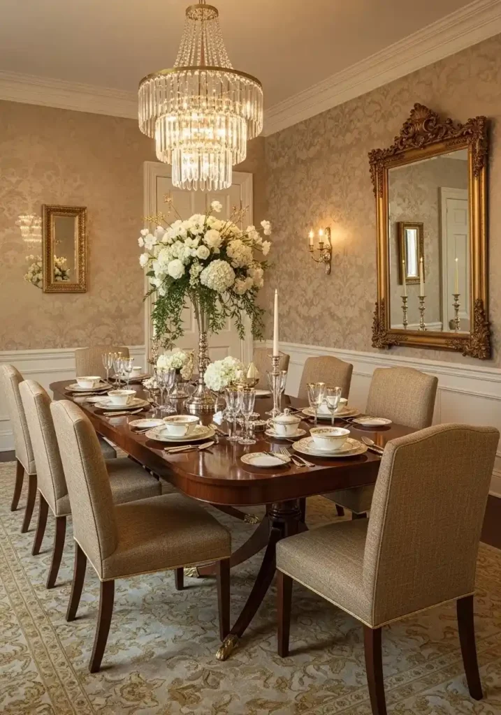 Damask wallpaper adding elegant classic feel to dining room