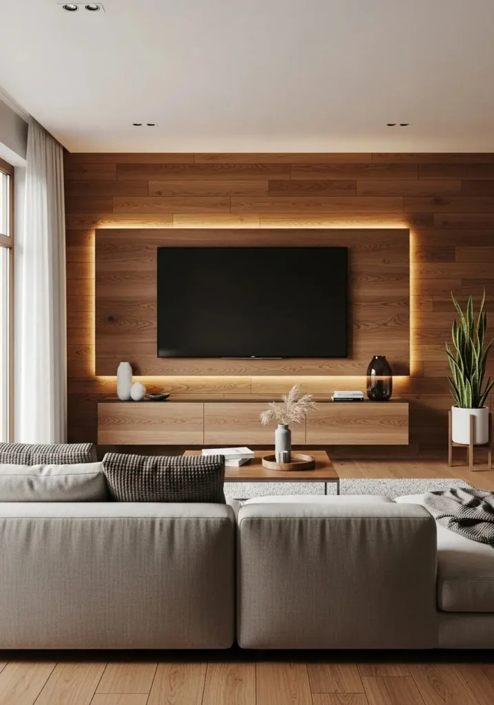 Floating wood panel TV wall with soft lighting in modern living room