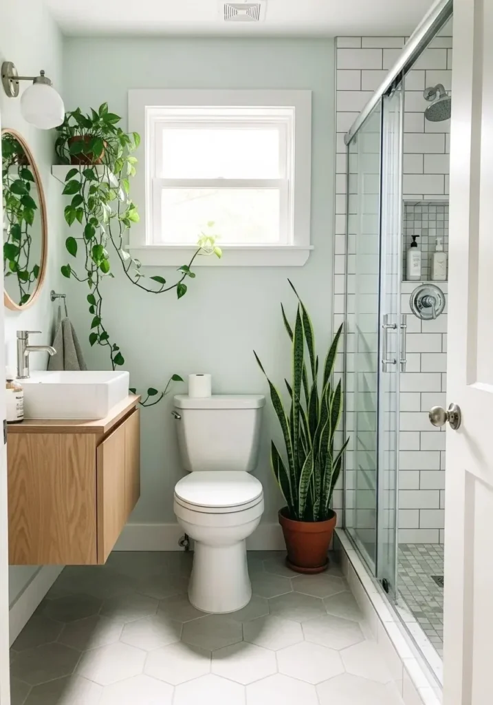 Green plants adding life to a small bathroom with walk-in shower design