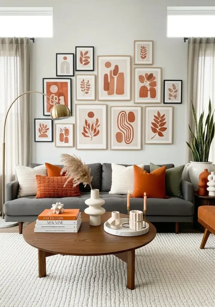 Burnt orange gallery wall adding creativity and personality to living room