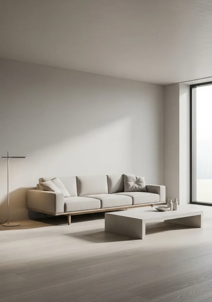 Decluttered Japandi living room with clean surfaces