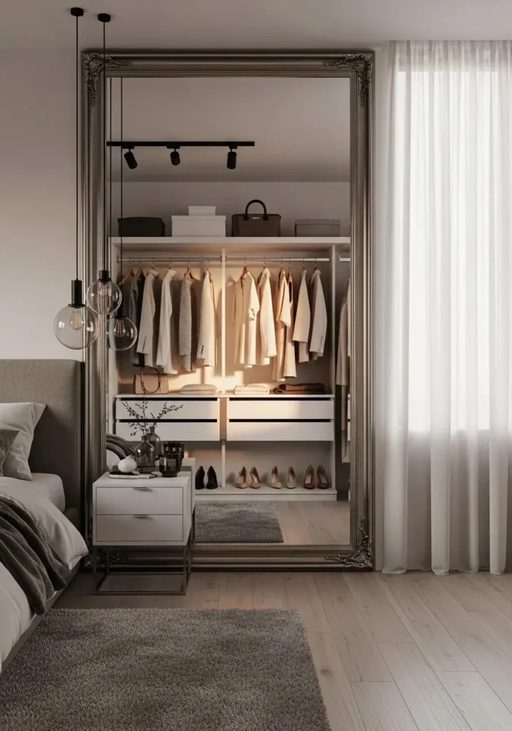 mirror backed open closet reflecting light and space