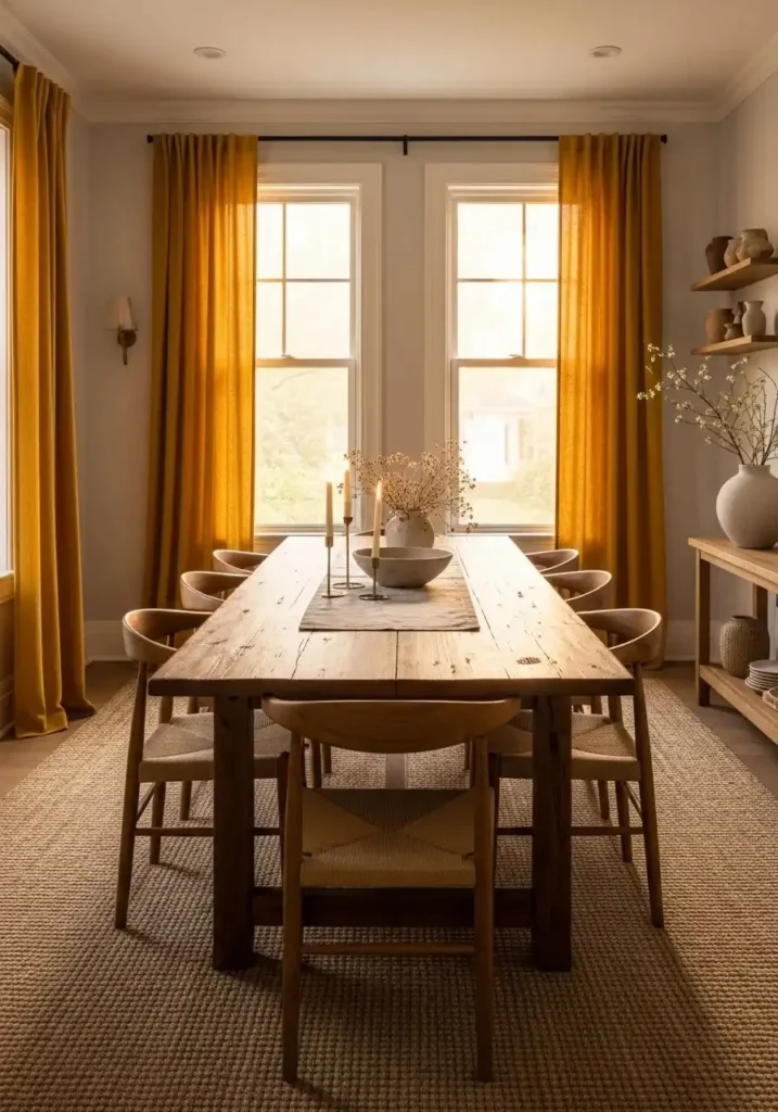 Mustard yellow curtains adding warmth and contrast to a dining room