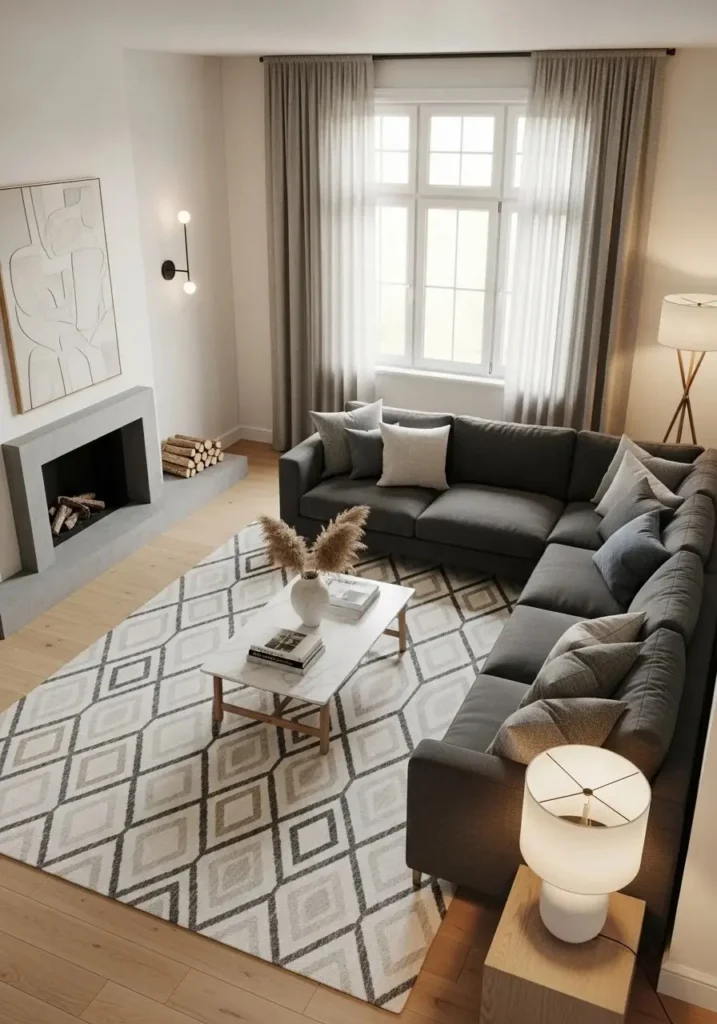 Grey couch styled with a statement rug to anchor the space